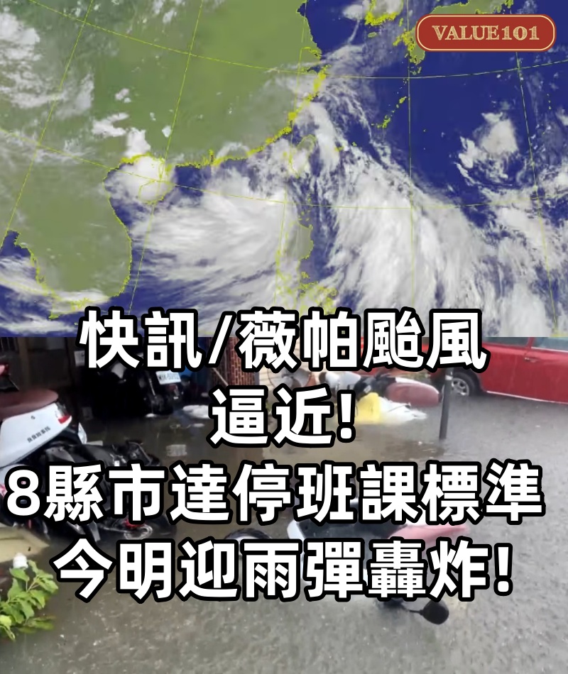 快訊/薇帕颱風逼近!8縣市達停班課標準 今明迎雨彈轟炸!